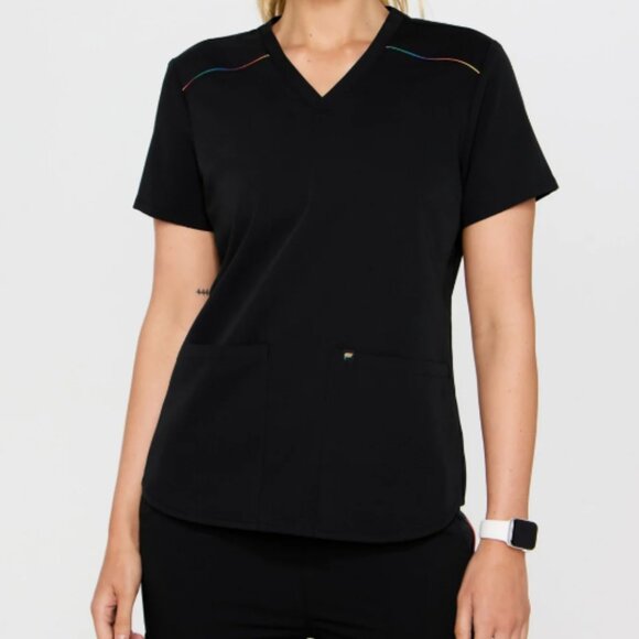 NEW Fabletics Method 2-pocket scrub top RARE Black reflective Rainbow XS - Picture 1 of 8
